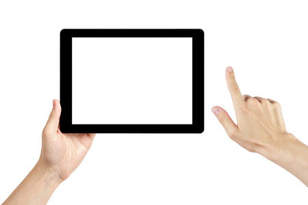 adult man hands using generic tablet pc with white screen, isolated on whiteの写真素材