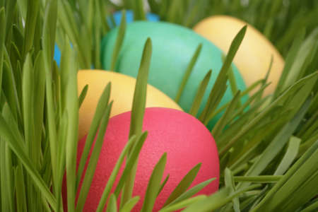 Easter eggs in a row on the grass, closeup photo