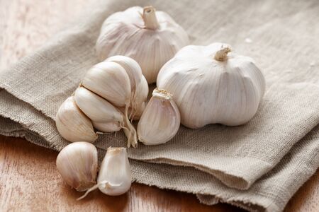 fresh organic garlic on sack clothの写真素材