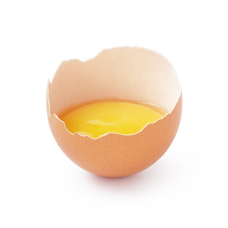 half of broken egg isolated on whiteの写真素材