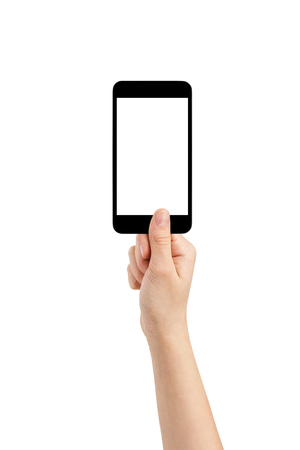 female teen hand taking photo with generic smartphone, isolatedの写真素材