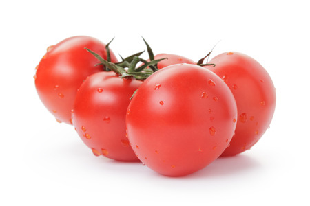 ripe wet red tomatoes with branch isolated on white backgroundの写真素材
