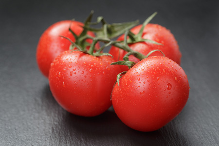 ripe washed tomatoes on vine on slate backgroundの写真素材