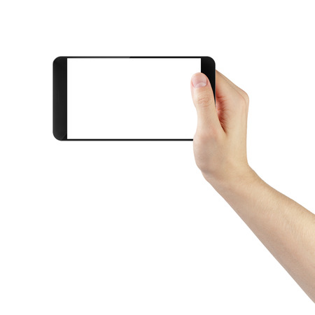 adult man hand taking photo with digitally created generic smartphone, isolatedの写真素材