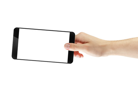 adult man hand taking photo with digitally created generic smartphone, isolatedの写真素材