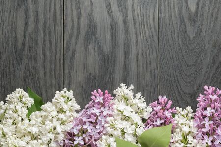 purple and white lilac flower on old oak table top view with copy space, flower backgroundの写真素材
