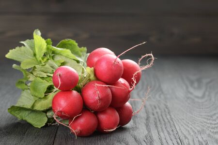 freshly harvested radishes on rustic table with copy space, shallow dofの写真素材