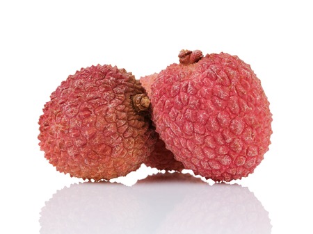 lychee fruits isolated on white background with reflectionの写真素材