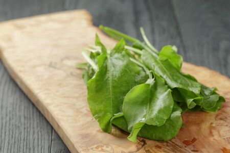 fresh sorrel leaves on cutting board on oak wood table, rustic foodの写真素材