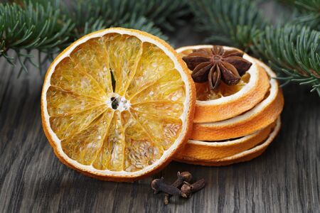 orange and anise with fir twig, photo with shallow dofの写真素材