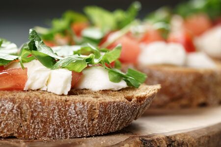 rye bruschetta with mozzarella, tomatoes and parsley, selective focusの写真素材