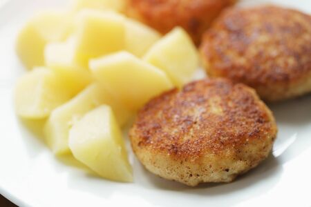 prepared fried fish cakes with boiled potatoes, shallow focus