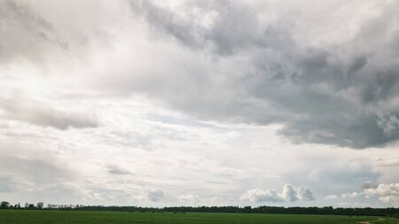 beautiful clouds over green field and forest, summer landscape