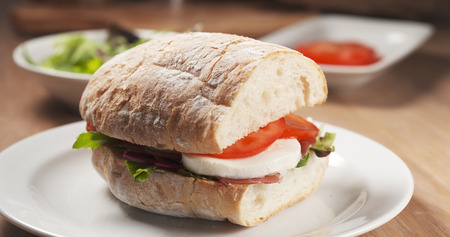 Fly out reveal ciabatta sandwich with speck, mazzarella and vegetables, 4k photoの写真素材