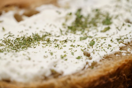 ricotta cheese with herbs on fresh rustic breadの写真素材