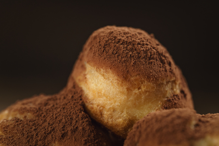 closeup shot of profiteroles covered with cocoa powder on white plate on wooden table, shallow focusの写真素材