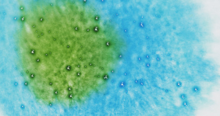 water spray green ink on wet blue paper top viewの写真素材