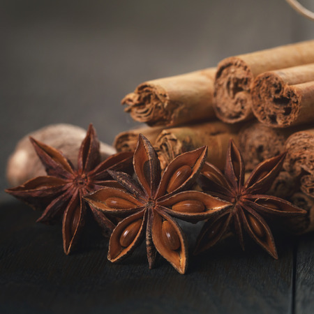 bunch of cinnamon sticks with nutmeg and anise star