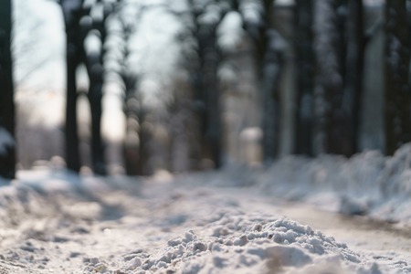 sidewalk in town after snowfall with morning sunの写真素材