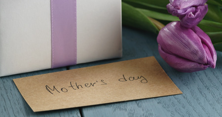 Closeup   of white gift box with purple bow and tulips on blue wood backgroundの写真素材