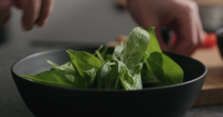Closeup making salad with spinach, tomatoes and mozzarella, wide photoの写真素材