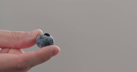 Man hand show ripe blueberry closeupの写真素材