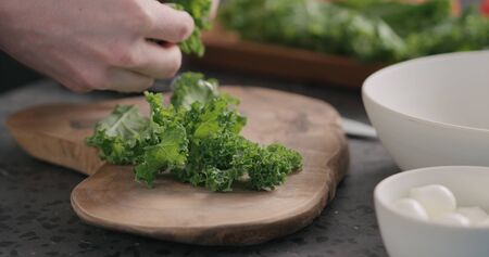 man tearing kale leaves to make it softer for salad on kitchen side view, wide photoの写真素材