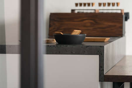 Modern minimalistic kitchen interior with concrete terrazzo countertopの写真素材