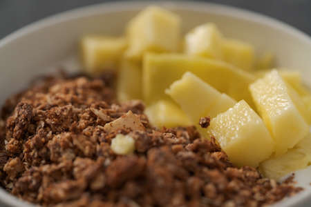 closeup of chocolate granola with mango and greek yogurt in white bowl