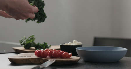 Slow motion man hands tear kale leaves in blue bowl on concrete surface