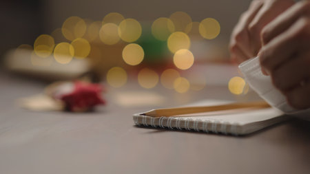 closeup man put medicine mask under warm light in the evening with medicine mask near handの写真素材