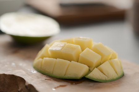 Ripe green mango sliced on olive wood boardの写真素材