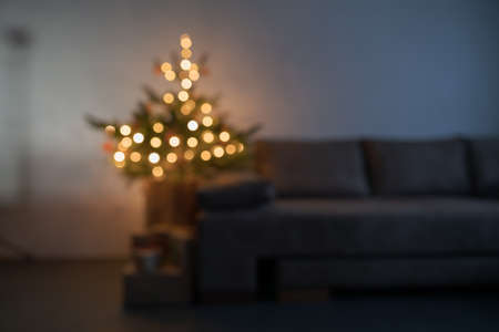 Blurre background of room with illuminating christmas tree in the eveningの写真素材