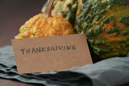 warty pumpkins with thanksgiving card closeupの写真素材