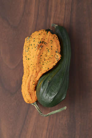 small decorative funny shaped pumkin on wood tableの写真素材