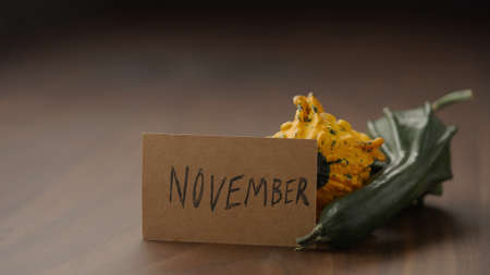 november card next to decorative pumpkins on wood tableの写真素材
