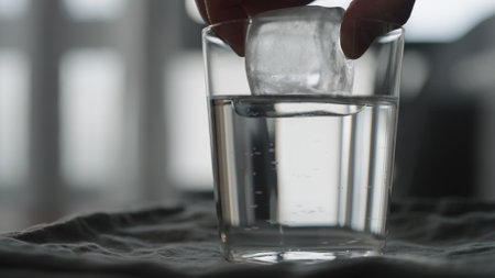 put ice cube in tonic in tumbler glass with copy spaceの写真素材