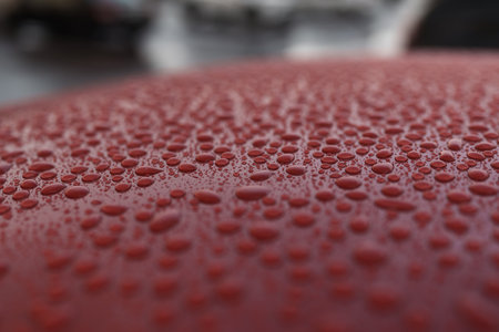 Closeup wet red car paint surface with hydrophobic ceramic coating