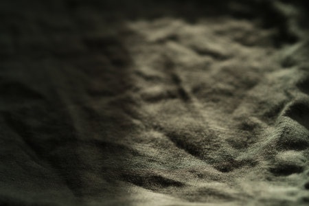 green linen napkin on walnut wood table with sunset lightの写真素材