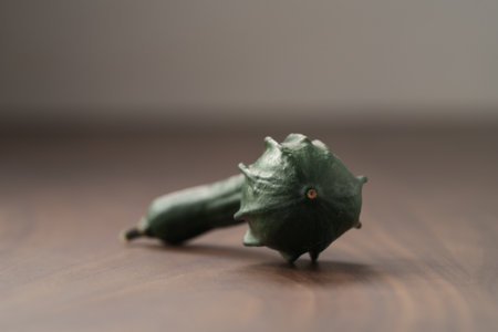Decorative small green pumpkin on wood tableの写真素材