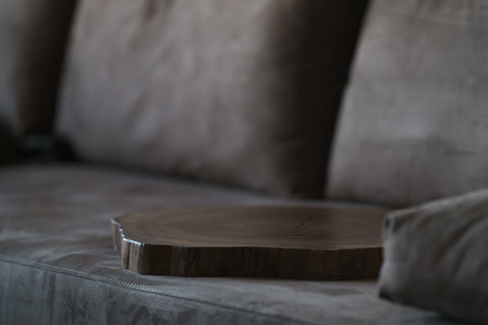 Black walnut wood tray slab on faux suede couchの写真素材