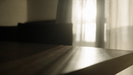 Wood table indoor background of with blurred backdrop,の写真素材