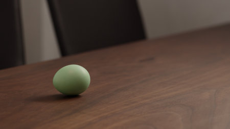 spinninng easter egg on walnut tableの写真素材