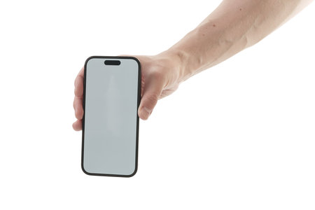 Saint-Petersburg, Russia - Circa December, 2022: Man hand holding Apple iPhone 14 pro isolated on white backgroundのeditorial素材