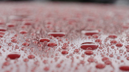 water beading on red car with hydrophobic coatingの写真素材