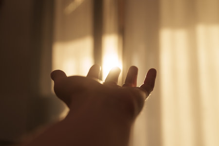 Closeup of empty man hand with sunset light indoorの写真素材