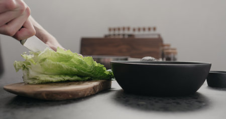 man cut romaine for salad on kitchen countertopの写真素材
