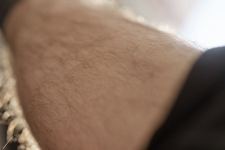 Closeup male leg with hair with natural lightの写真素材