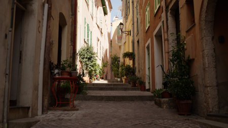 Villefranche-sur-Mer, France, Circa March, 2023: View of narrow streeet of Villefranche-sur-Merのeditorial素材