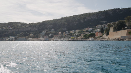 Villefranche-sur-Mer, France, Circa March, 2023: View from a boat of Villefranche-sur-Mer on a sunny dayのeditorial素材